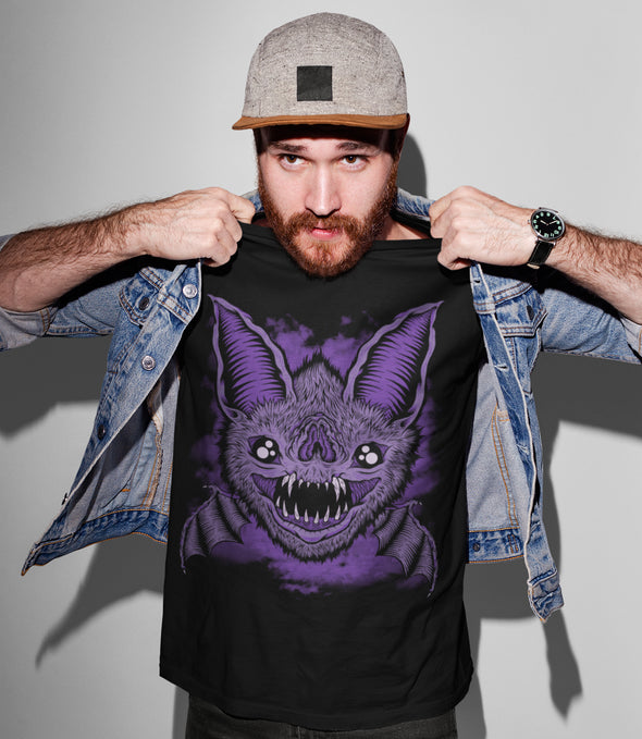 Sleep Terror Clothing Batsby Bat T-shirt | Goth style t-shirt for men with purple bat with huge teeth design