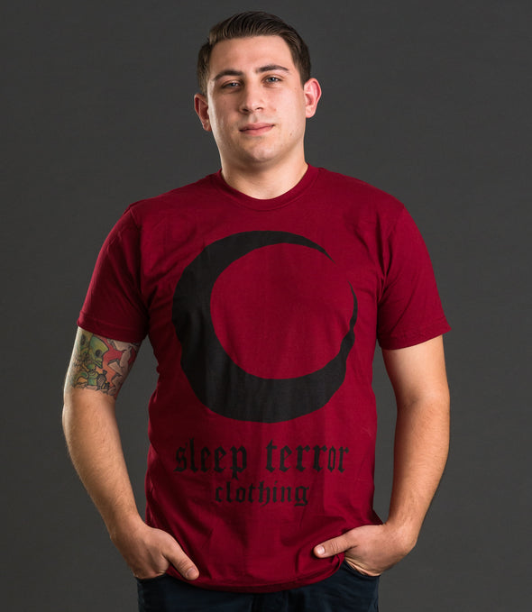 Sleep Terror Clothing Blood Moon T-shirt | Occult t-shirt for men with a black crescent moon print and gothic logo on red cotton t-shirt