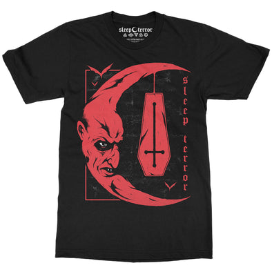 Sleep Terror Clothing Nosferatu T-shirt | Black occult unisex t-shirt featuring Nosferatu's blood-soaked face in the shape of a crescent moon with an upside down coffin hanging form the top point of the moon 