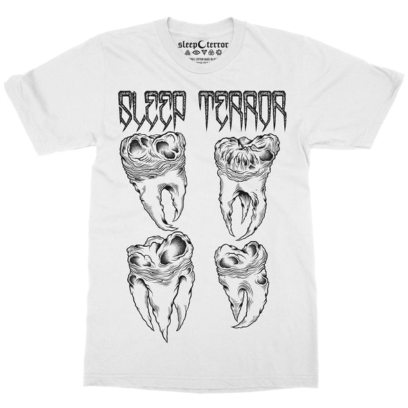 Sleep Terror Clothing Pulling Teeth - Occult white unisex t-shirt design features our logo and 4 large decrepit wisdom teeth. 