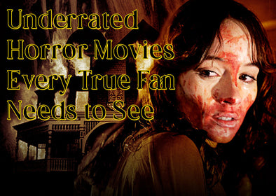 hidden gem horror movies featuring eerie landscapes, haunted houses, deep-sea scenes, and occult symbols. A dark, atmospheric visual promoting underrated horror films.