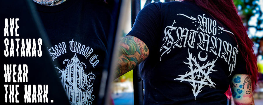Hail Satan T-shirt - Heavily tattooed model wearing the Ave Satanas T-shirt
