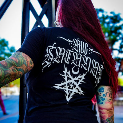 Hail Satan T-shirt - Heavily tattooed model wearing the Ave Satanas T-shirt