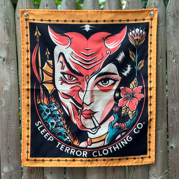 devil lady head tattoo design, small tattoo tapestry 