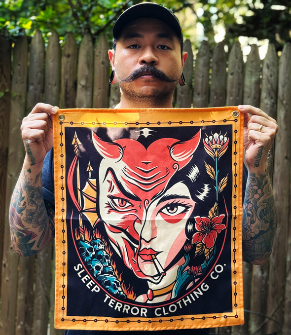 Black and yellow devil tattoo design. American traditional tattoo inspired tapestry