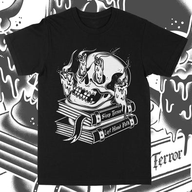 Left Hand Path Skull T-Shirt – Gothic Book & Candle Tattoo Design