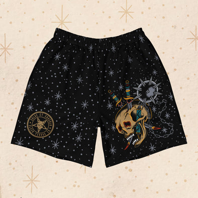 Front view of Overkill Tattoo Men’s Gym Shorts with a black starry background and circular Sleep Terror logo on the left leg.