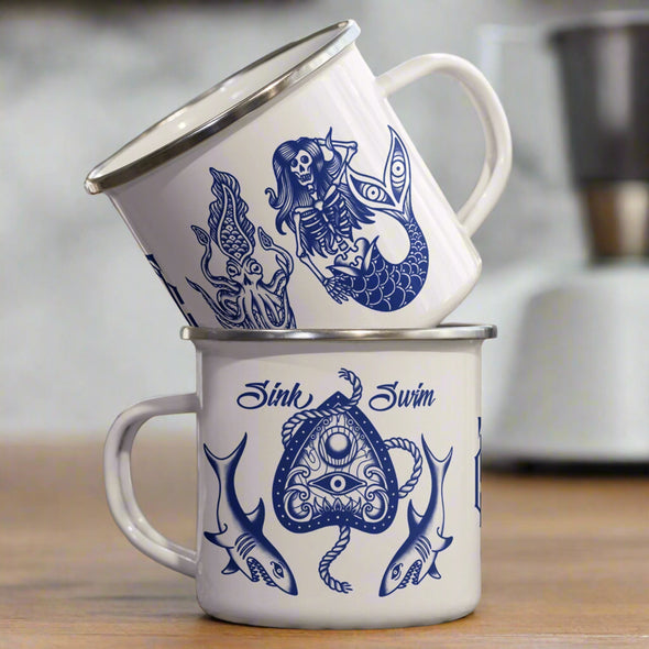Sink Or Swim Tattoo Stencil 12oz Enamel Mug
