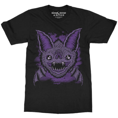 Sleep Terror Clothing Batsby Bat T-shirt | Goth style unisex cotton t-shirt with purple bat with huge teeth design