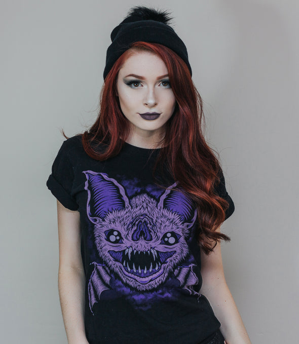 Sleep Terror Clothing Batsby Bat T-shirt | Goth style t-shirt for women with purple bat with huge teeth design