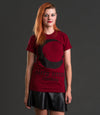 Sleep Terror Clothing Blood Moon T-shirt | Occult t-shirt for women with a black crescent moon print and gothic logo on red cotton t-shirt