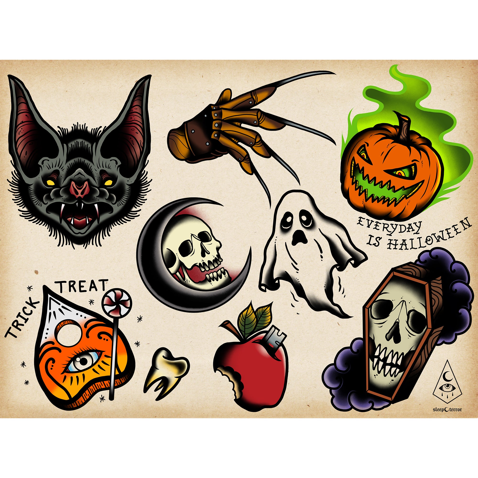 SPOOKY TATTOO FLASH SHEET Art Print for Sale by Rhi Rhi  Redbubble