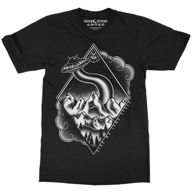 Sleep Terror Clothing Give Me Space T-shirt | Black Unisex t-shirt with tattoo inspired art. Alien spaceship flying away earth into space 