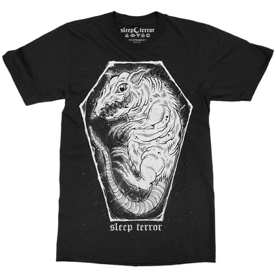 Sleep Terror Clothing Coffin Rat T-shirt | Black grunge goth unisex t-shirt. Rat inside a distressed looking coffin