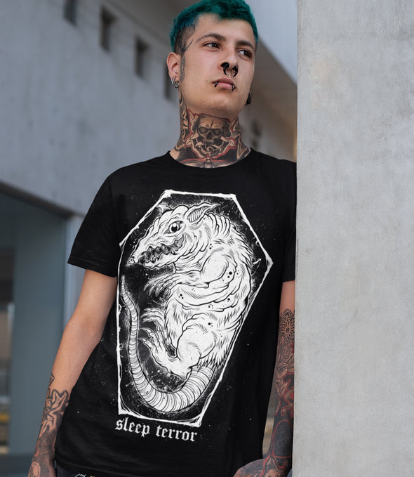 Sleep Terror Clothing Coffin Rat T-shirt | Grunge goth t-shirt for men. Rat inside a distressed looking coffin