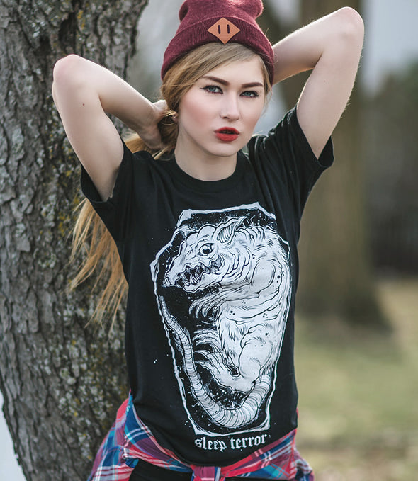 Sleep Terror Clothing Coffin Rat T-shirt | Black grunge goth t-shirt for women. Rat inside a distressed looking coffin