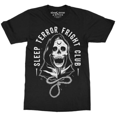 Sleep Terror Clothing Fright Club T-shirt | Black occult unisex t-shirt featuring a cloaked skull figure, the grim reaper, with a hangman's noose