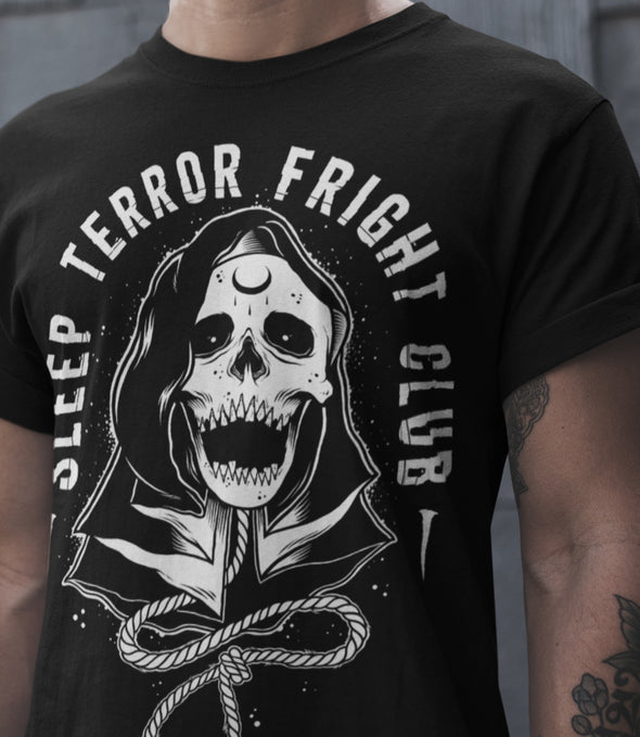 Sleep Terror Clothing Fright Club T-shirt | Black occult t-shirt for men featuring a cloaked skull figure, the grim reaper, with a hangman's noose
