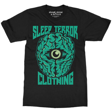 Sleep Terror Clothing Insomnia T-shirt | Black occult unisex t-shirt featuring a green brain with a crescent moon in the middle 