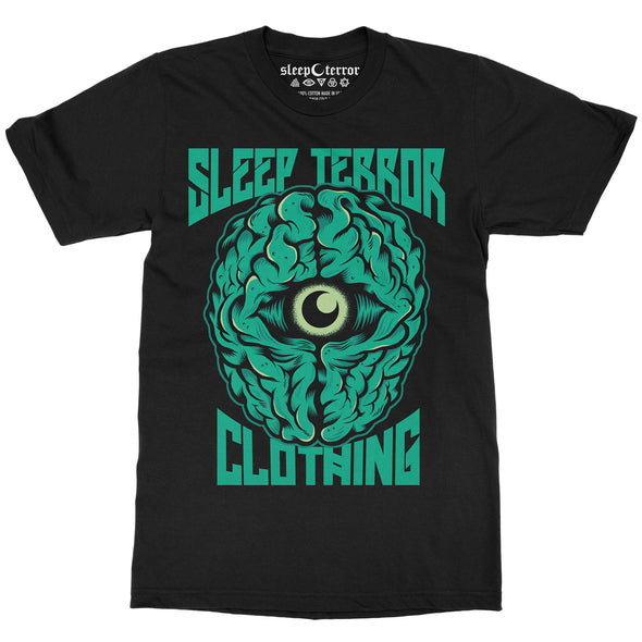 Sleep Terror Clothing Insomnia T-shirt | Black occult unisex t-shirt featuring a green brain with a crescent moon in the middle 