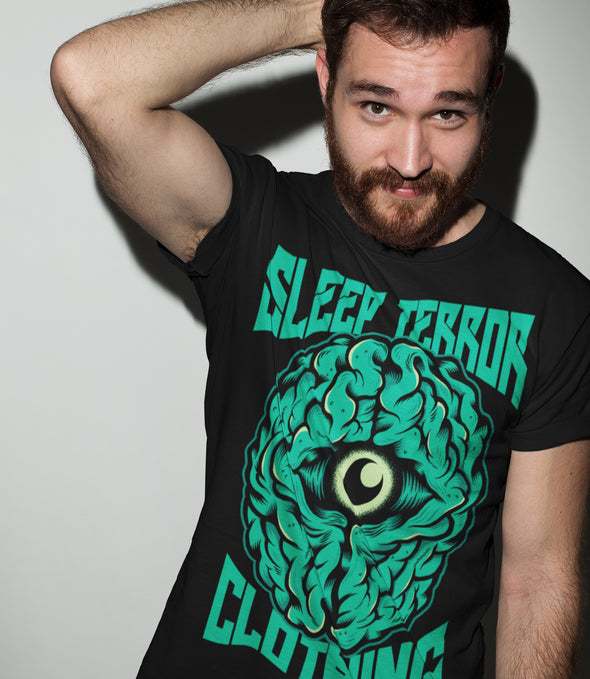 Sleep Terror Clothing Insomnia T-shirt | Black occult t-shirt for men featuring a green brain with a crescent moon in the middle 
