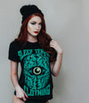 Sleep Terror Clothing Insomnia T-shirt | Black occult t-shirt for women featuring a green brain with a crescent moon in the middle 