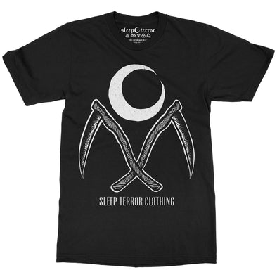 Sleep Terror Clothing Moon Cult T-shirt | Black occult unisex t-shirt featuring a crescent moon above a pair of sickles