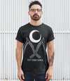 Sleep Terror Clothing Moon Cult T-shirt | Black occult t-shirt for men featuring a crescent moon above a pair of sickles