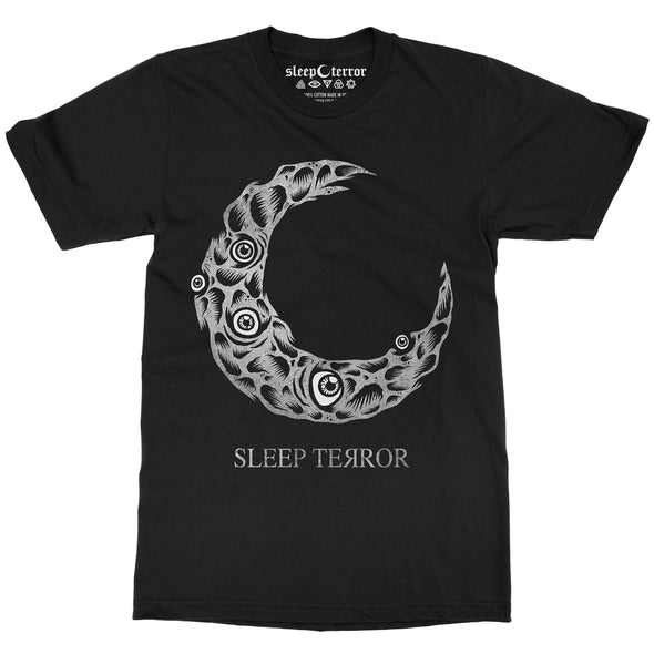 Sleep Terror Clothing Dead Moon T-shirt | Black occult unisex t-shirt featuring a distressed crescent moon design covered in craters and creepy eyeballs