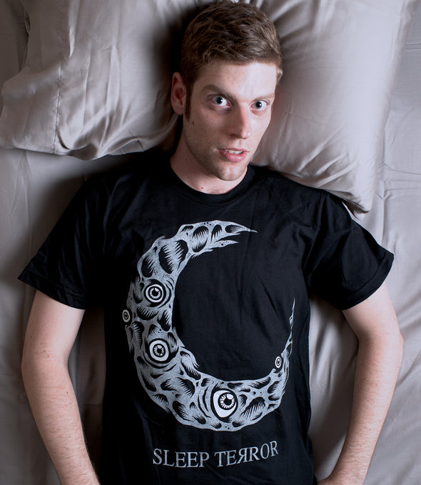 Sleep Terror Clothing Dead Moon T-shirt | Black occult t-shirt for men featuring a distressed crescent moon design covered in craters and creepy eyeballs
