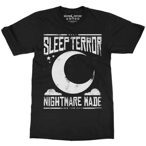 Sleep Terror Clothing Nightmare Made T-shirt | Black goth unisex t-shirt featuring our logo above a crescent moon with the slogan nightmare made. 