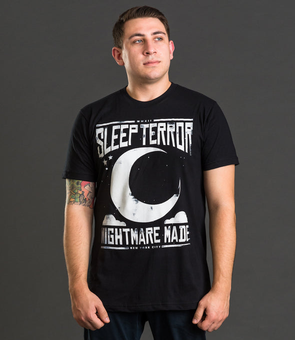 Sleep Terror Clothing Nightmare Made T-shirt | Black goth t-shirt for men featuring our logo above a crescent moon with the slogan nightmare made. 