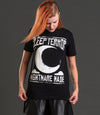 Sleep Terror Clothing Nightmare Made T-shirt | Black goth t-shirt for women featuring our logo above a crescent moon with the slogan nightmare made. 