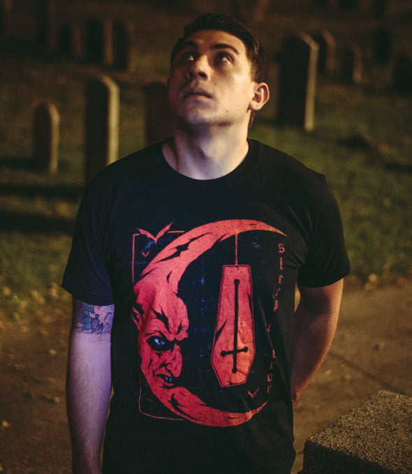 Sleep Terror Clothing Nosferatu T-shirt | Black occult t-shirt for men featuring Nosferatu's blood-soaked face in the shape of a crescent moon with an upside down coffin hanging form the top point of the moon 