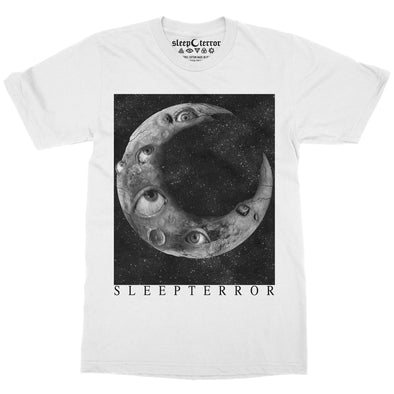 Sleep Terror Clothing Stay Creepy Moon T-shirt | Occult white unisex t-shirt featuring a realistic moon covered in eyes staring in different directions