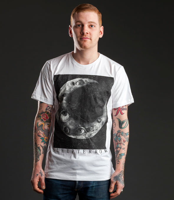 Sleep Terror Clothing Stay Creepy Moon T-shirt | Occult white t-shirt for men featuring a realistic moon covered in eyes staring in different directions