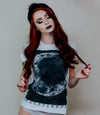 Sleep Terror Clothing Stay Creepy Moon T-shirt | Occult white t-shirt for women featuring a realistic moon covered in eyes staring in different directions