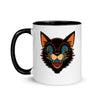 Trick Or Treat Halloween Mug featuring a spooky cat tattoo design. White ceramic mug with black interior and black handle 