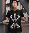 Black and white dagger and bones tattoo design on black t-shirt worn on male model. Mens dagger tattoo t-shirt. 