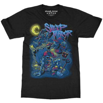 Sleep Terror Clothing The Waking Dead T-shirt | Black unisex horror t-shirt. Design features zombies in pajamas, some still asleep, some waking from the grave. 