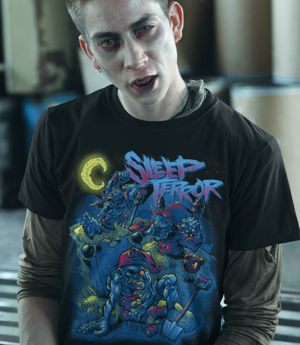 Sleep Terror Clothing The Waking Dead T-shirt | Black horror t-shirt for men. Design features zombies in pajamas, some still asleep, some waking from the grave. 